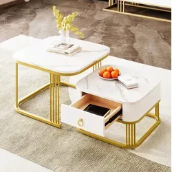 Couchtisch 2er-set Aus Mdf In Weiß, Hochglanz Marmoroptik, Quadratisch, Mit Schublade