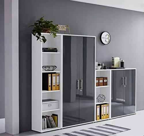 Schrankwand TABOR 4 Büroregal Aktenschränke Büroschrank abschließbar in diversen Farbvarianten (weiß/anthrazit Hochglanz)