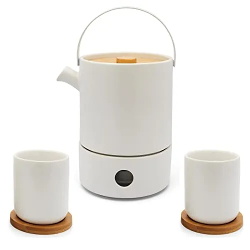 Bredemeijer Teekannen Set - weiße Keramik-Kanne 1.2 Liter & Tee-Filter Sieb-Einsatz für losen Tee & Stövchen & 2 Steingut Teebecher - 6-tlg.