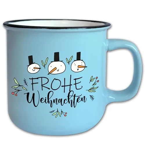 Jumbo Tasse Blau Vintage mit Spruch T145 „Frohe Weihnachten″ Keramik Geschenk Winter Retro 350 ml