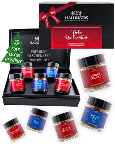 Hallingers Genuss Manufaktur Grillgewürze Geschenkset Weihnachten – 5 Premium Gewürze zum Grillen & BBQ in edler Geschenkbox, handgemacht, Gewürzset Geschenk Weihnacht für Männer für Frauen Grillfans