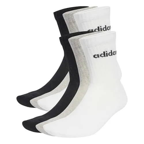 adidas Unisex LINEAR CREW SOCKS CUSHIONED SOCKS 6 PAIR PACK, Medium Grey Heather/White/Black, 40-42