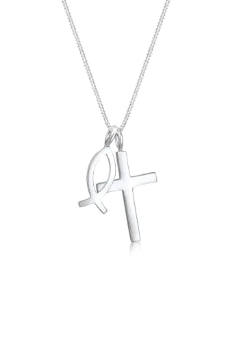Elli Halskette Damen Kreuz-Fisch Anhänger aus 925 Sterling Silber - Ketten für Damen, handgefertigt aus hochwertigem 925 Sterling Silber, anlaufgeschützt und ideal als stilvolles Geschenk für besondere Anlässe.