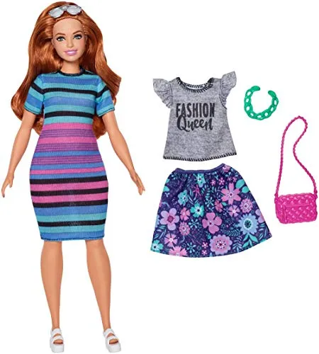 Mattel Barbie FJF69 Fashionistas Puppe und Mode Geschenkset im bunt gestreiften T-Shirt Kleid mit Sonnenbrille