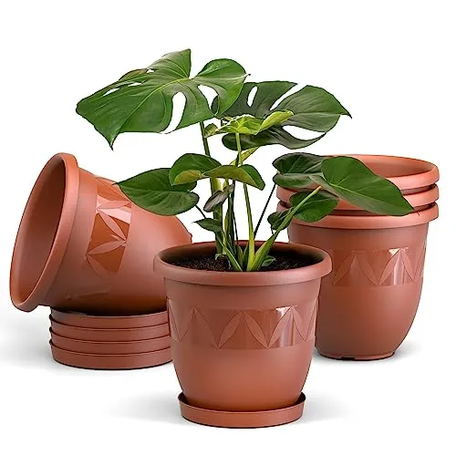 Plastard Blumentöpfe 5er Set 15 cm Durchmesser Terrakotta runder Pflanzkübel mit Untersetzer aus Kunststoff witterungsbeständiger Übertopf großer Blumentopf