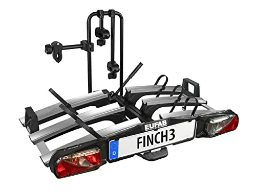 EUFAB 11598 Fahrradträger FINCH für 3 Fahrräder, schwarz - Fahrradträger für 3 Fahrräder mit abklappbarem Design und Fußpedal-Bedienung. Einfacher Transport und sichere Befestigung dank abschließbarer Rahmenhalter und Aluminium-Profilschienen.