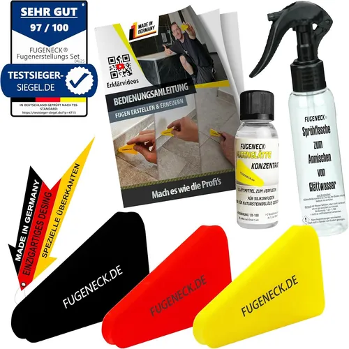 FUGENECK® - Das perfekte Fugenabzieher Set mit allem was du brauchst - einzigartiges Design mit speziellen Überkanten - Für Anfänger und Profis mit Anleitung (3x FUGENECK + Glättmittel + Sprühflasche)