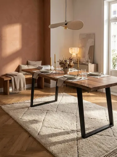 Esszimmertisch 180x90 cm aus massivem Akazienholz mit Metallbeinen - Moderner Esszimmertisch mit einzigartiger Baumkante, ideal für gesellige Abende. Robuste Konstruktion für bis zu acht Personen, handgefertigt und individuell. Ein echtes Unikat für Ihr Zuhause!