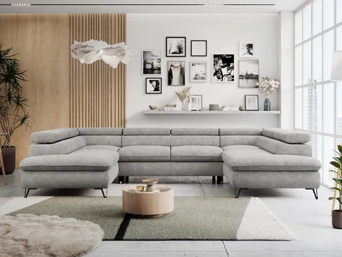 MKS MEBLE Sofa U-Form mit Schlaffunktion und Bettkasten - Peter U in Hellgrau - Moderne Wohnlandschaft in U-Form, ideal für jedes Wohnzimmer. Mit praktischen Bettkästen und verstellbaren Kopfstützen für individuellen Komfort. Hohe Qualität und elegantes Design vereinen sich in dieser vielseitigen Couch.