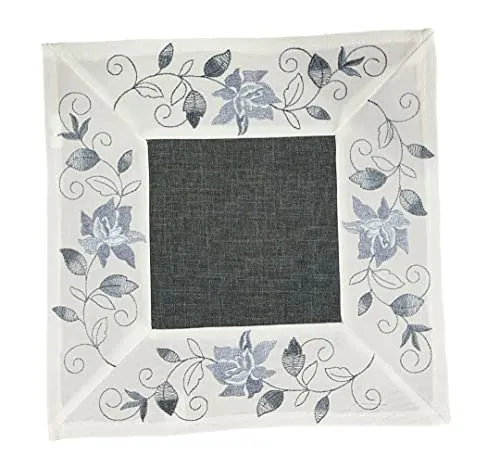 Westernlifestyle Tischläufer 40 x 40, Silber/Grau/Weiss/Rot - Bestickt mit Rosen - 100% Polyester - Pflegeleicht - Waschbar bei 40 Grad - Modern Floral - Blumig - Quadratisch - Abgerundet