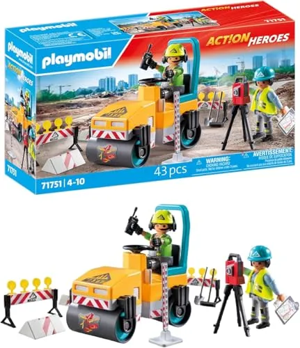 PLAYMOBIL Straßenbaustelle 71751 - Erlebe die Straßenbaustelle mit zwei Bauarbeitern und einer Walze. Fördert die Kreativität und ist perfekt kombinierbar mit anderen PLAYMOBIL-Welten. Spielspaß für Kinder ab 4 Jahren!