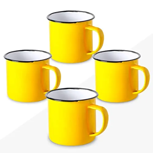 FUN FAN LINE - 4er-Set Retro-Emaillebecher aus Metall, Gelb | Hohe Vintage-Frühstücksbecher mit 380ml Volumen | Originelle Tasse für Kaffee, Tee | Das perfekte Tassen-Set als Geschenkidee