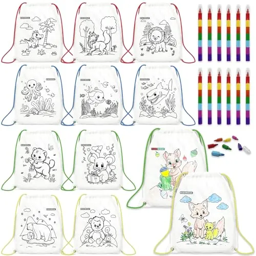 HahaMagic 12 Färbbare Beutel mit Kordelzug für Kinder mit 12 Stapelbare Wachsmalstifte (7 Farben in 1), perfekt als Stoffbeutel zum Bemalen Kindergeburtstag, Bastelset und Mitgebsel Kindergeburtstag
