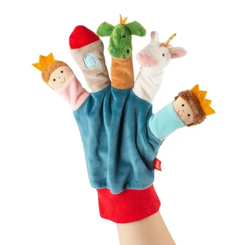 Sigikid 43503 - Fingerpuppen Handschuh Drache/Einhorn/Prinzessin/Turm - Spielware für kreative Mini-Theateraufführungen, fördert Feinmotorik und Fantasie, ideal für Kinder von 6-48 Monaten.