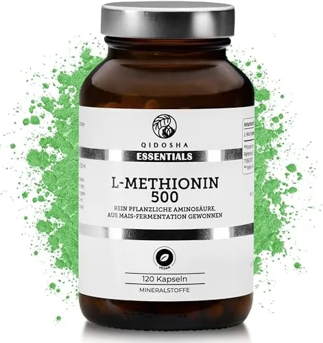 QIDOSHA® L Methionin Kapseln hochdosiert, 120 Kapseln im Apothekerglas, Methionin 500mg je Kapsel, pflanzliche Aminosäure L-Methionin aus Mais-Fermentation, 100% vegan, in Deutschland produziert