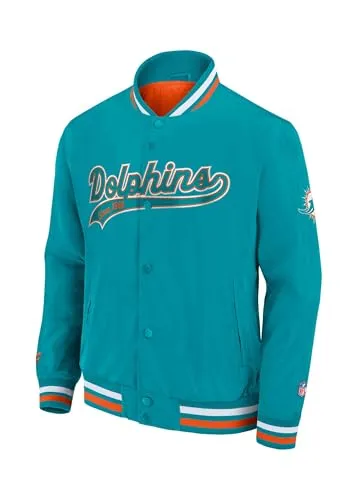 Fanatics Miami Dolphins NFL Sateen College Jacke - M - Stylische Bomberjacke der Miami Dolphins, offiziell lizenziert von der NFL. Ideal für Übergangszeiten, mit großem Team-Schriftzug und Logo. Hochwertige Verarbeitung sorgt für angenehmen Tragekomfort und lange Haltbarkeit.
