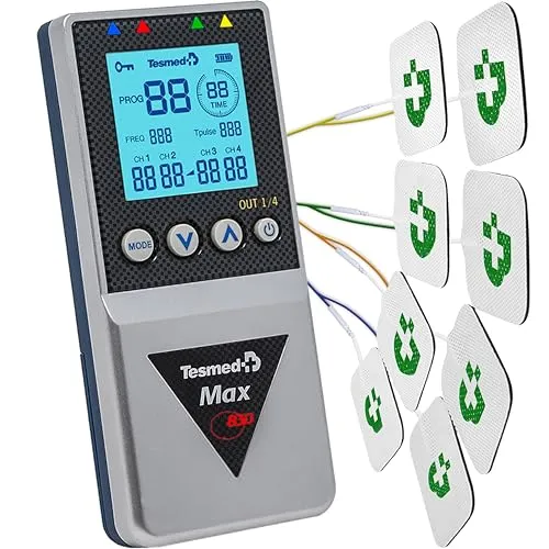 TESMED Max 830: Professionelles TENS/EMS Massagegerät - Elektrostimulator mit 4 Kanälen, 115 Programmen und 20 anpassbaren Optionen für effektive Schmerzlinderung und Muskelaufbau, ideal für Sportler und zur Entspannung.