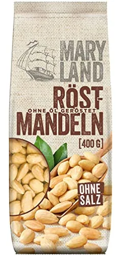 Maryland Röst-Mandeln 400g – Knackige, schonend geröstete Mandeln ohne Öl - Mandeln, schonend in Deutschland geröstet für einzigartiges Aroma. Ideal als Snack oder Topping für Salate und Gerichte.