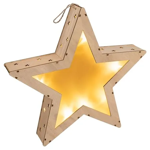 Holzstern LED Batterie Timer Weihnachtsstern 3D Optik Weihnachtsdeko Stern (35 x 35 cm)