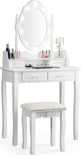 Klassisches Schminktisch-Set mit Hocker LED-Birnen Kosmetiktisch 75 x 40 x 146 cm Weiß