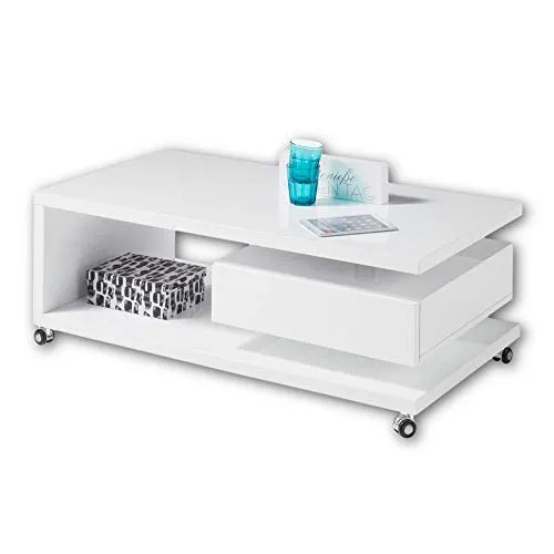 Stella Trading MILAN Moderner Couchtisch auf Rollen - Beistelltisch fürs Wohnzimmer, mobiler Tisch in Hochglanz weiß mit Ablage und Schublade, ideal für flexibles Wohnen und dekorative Akzente.