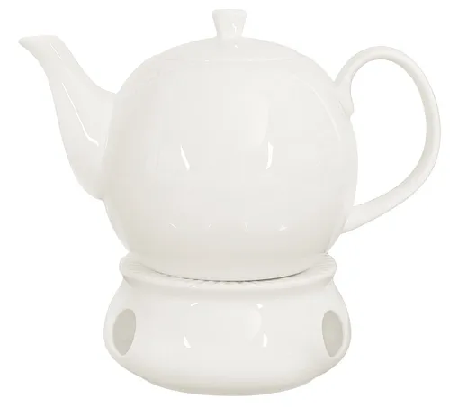 Buchensee Teekanne / Kaffeekanne 1,5l aus Fine Bone China in weiß + Stövchen
