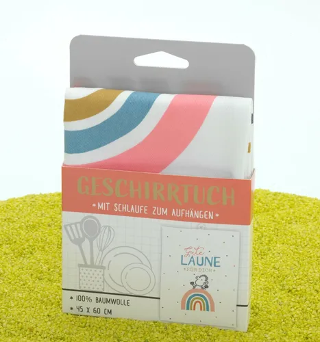 sheepworld Geschirrtuch Küchentuch mit Schlaufe Gute Laune 100% Baumwolle