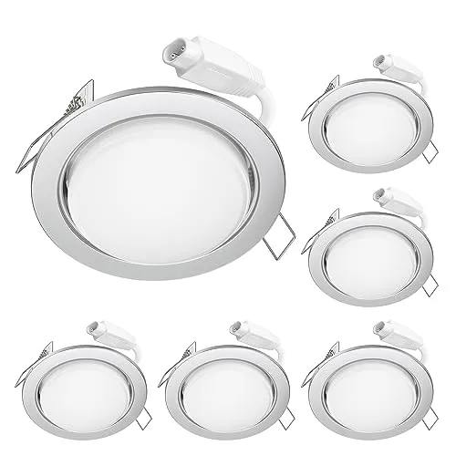 ledscom.de LED Decken-Einbaustrahler RUBA chrom matt GX37,2W je 509lm warmweiß rund flach 107mm Ø Lochkreis ca. 83-100mm Ø 6er Set