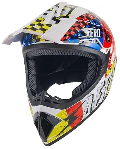 Kinder Crosshelm Skeleton AHP – Motorradhelm für Kinder, ABS-Schale, robuster Kinderhelm für Downhill, Quad und Motocross, Weiß bunt, Größe S, 53 – 54 cm