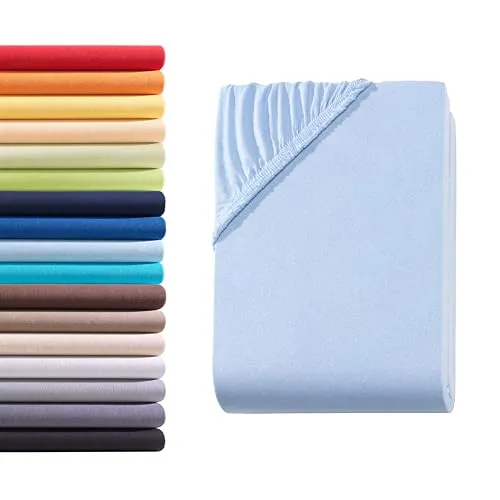 Hometex Premium Textiles Spannbettlaken Spannbetttuch 90-100 x 200 cm, Bettlaken Jersey aus 100% Baumwolle, Matratzen bis 23-25 cm, Oeko-TEX Made IN Green, Hellblau