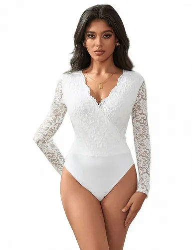 Lau-Fashion Body Langarm Spitze Bodysuits Weiß - Dessous-Bodies aus hochwertigem Nylon-Mesh, mit feinen Spitze-Applikationen und perfekter Passform für jeden Anlass - sexy und elegant zugleich.