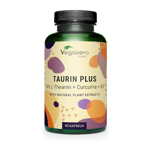 Taurin hochdosiert | 1000 mg | Mit Curcuma & L-Theanin aus Grüntee Extrakt | Vegan & Ohne Zusatzstoffe | 90 Kapseln | Deutsche Produktion von Vegavero