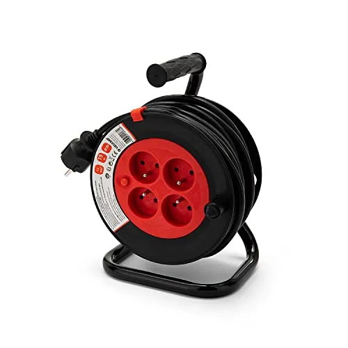 Velamp REEL-FR-15 Verlängerungskabel, 15 m, mit Kabeltrommel, 4 Steckdosen, 16 A, Abschnitt 3G1,5 mm2, Schwarz und Rot