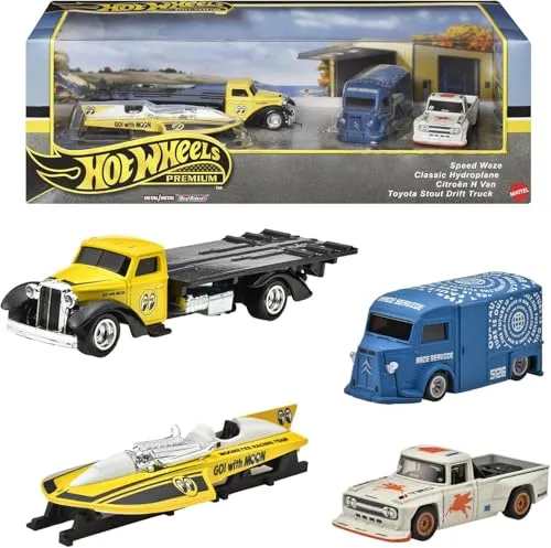 Hot Wheels Motorhead Madness Premium HRT51 | 4er Collector Set - Miniatur Motorfahrzeug-Modelle: 4er Sammler-Set mit authentischen Details und Designs, inklusive Speed Waze, Classic Hydroplane, Citroen H Van & Toyota Stout Drift Truck - ideal für Sammler und Hot Wheels Fans!
