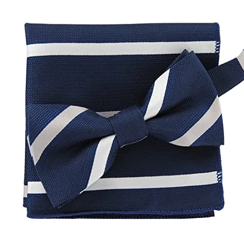 axy Herren Fliege mit Einstecktuch als Set zum Anzug, bereits vorgebunden, Schleife Konfirmation verstellbar (Schwarzblau Gestreifte)