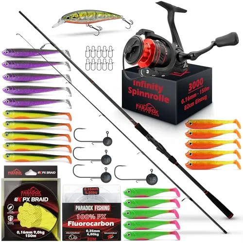 Paradox Fishing Firetiger Spinnrute Komplett-Set 2,4m mit 3000 Rolle – Perfekt für Barsch, Zander und Hecht - SOFORT EINSATZBEREIT: Dieses Komplett-Set enthält alles für den erfolgreichen Angelausflug. Die Firetiger Rute und die Infinity 3000 Rolle sind ideal aufeinander abgestimmt für maximale Kontrolle und Spaß am Wasser.