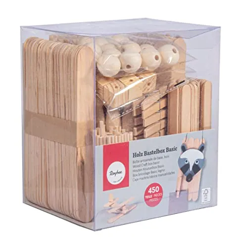Rayher Bastelbox mit 450 Holzteilen - Dekoartikel mit 450 FSC-zertifizierten Holzteilen in einer praktischen PVC-Box, ideal für kreative Bastelprojekte und Spaß für die ganze Familie.