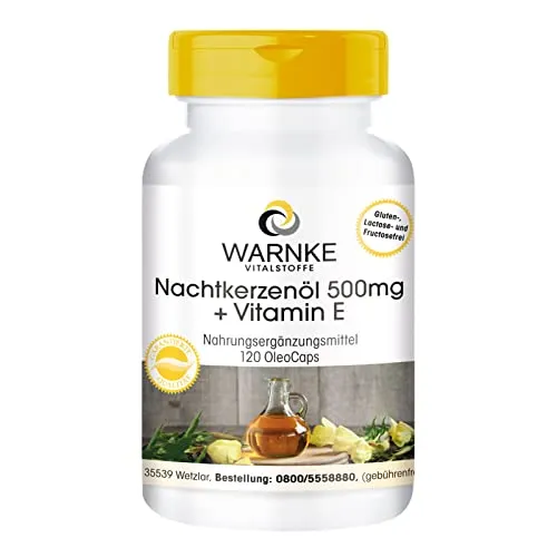 Nachtkerzenöl 500mg + Vitamin E - 120 OleoCaps Kapseln aus eigener Herstellung - Mit Linolsäure und Gamma-Linolensäure - hochdosiert, vegan | Warnke Vitalstoffe - Deutsche Apothekenqualität