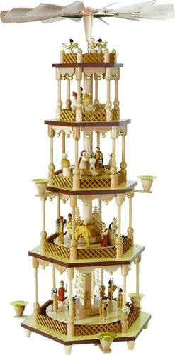 Richard Glaesser Weihnachtspyramide Heilige Familie 4-stöckig, 70cm - Hochwertige Weihnachtspyramide aus dem Erzgebirge, handgefertigt aus Holz, ideal für festliche Indoor-Dekoration und stimmungsvolle Weihnachtsbeleuchtung.