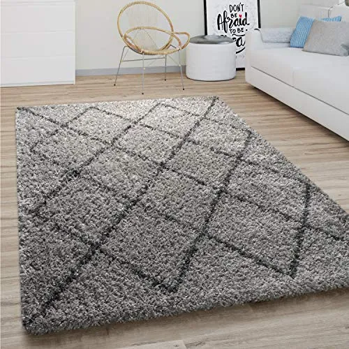 Paco Home Hochflor Teppich Wohnzimmer Schlafzimmer Boho Skandinavisch Shaggy Modern Rautenmuster, Grösse:200 cm Rund, Farbe:Grau