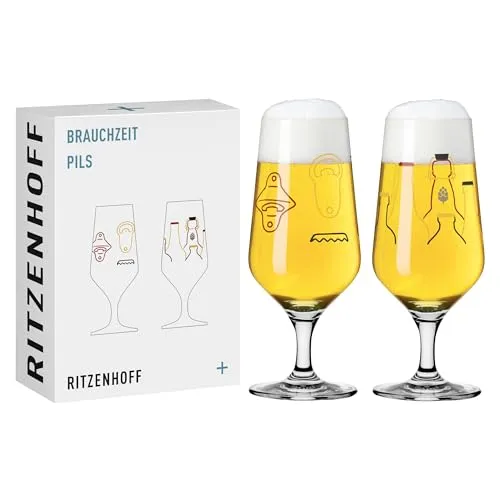 RITZENHOFF 3471007 Bierglas 300 ml - 2er Set - Serie Brauchzeit - Biergläser-Set für Craft Beer und Pils, mit ansprechendem Dekor in Schwarz, Rot und Gold. Hochwertige Verarbeitung, spülmaschinengeeignet und ideal für gesellige Abende.