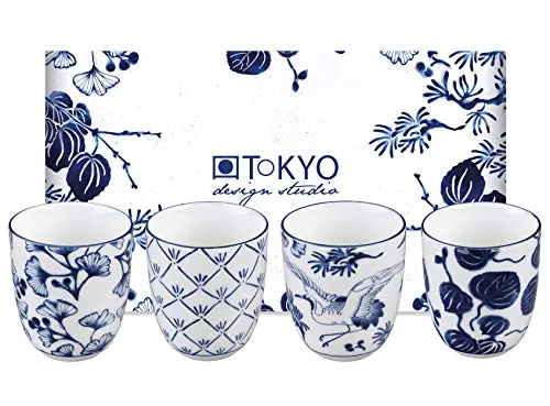 TOKYO design studio Flora Japonica 4-er Tassen-Set blau-weiß, ohne Henkel (Becher), Ø 6,7 cm, 7,7 cm hoch, 170 ml, asiatisches Porzellan, Japanisches Blumen-Design, inkl. Geschenk-Verpackung