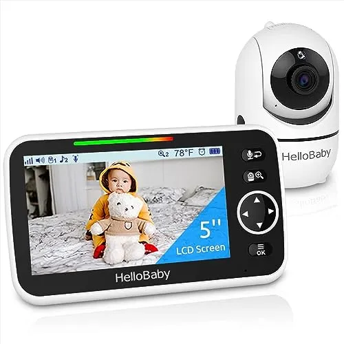 HelloBaby Video-Babyphone, 5 Zoll geteilter Bildschirm mit 3500 mAh, Kabelgebundene Kamera, Pan-Tilt-Zoom Babyphone mit Kamera und Audio, Nachtsicht, ECO, 2-Wege-Audio, 8 Schlaflieder
