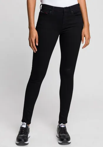 Tommy Jeans Damen Jeans Hose Nora Mr Skny Stretch Schwarz - Jeans im 5-Pocket-Style mit Skinny Fit für eine schöne Silhouette, ideal für Büro-Look und Alltag. Hoher Tragekomfort aus 70% Baumwolle und recycelten Materialien.