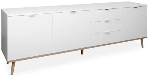 Finori Sideboard Lowboard Göteborg 57 in Weiß - Modernes Sideboard mit 3 Türen und 3 Schubkästen für optimalen Stauraum. Zeitloses Design in Weiß und Sonoma Eiche, ergänzt durch massive Holzfüße und robuste Melaminbeschichtung für Langlebigkeit.
