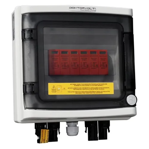 Doktorvolt Solar Anschlusskasten 1000V DC mit Überspannungsschutz - Photovoltaik-Zubehör, IP65 Schutzart, ausgestattet mit hochwertigen T2 Überspannungsableitern für maximale Sicherheit und Brandvermeidung in PV-Anlagen.