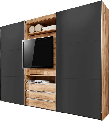 Schwebetürenschrank Magie 300x65x216cm - Moderner Kleiderschrank in plankeneiche graphit, bietet 7 Regalfächer, 3 Schubladen und eine drehbare TV-Halterung für optimalen Stauraum und Funktionalität im Schlafzimmer.