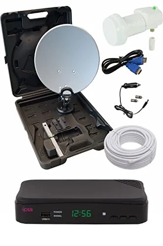 GSS Camping 35 cm Satellitenschüssel Komplettset - SAT-Antennen mit Single LNB, ideal für Camping und Wohnmobile. Inklusive HD Receiver und umfangreichem Montagezubehör für einfache Installation.