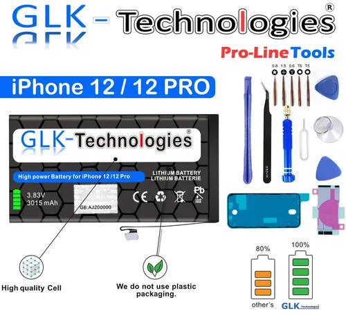 GLK-Technologies Apple iPhone 12 Pro Ersatzakku mit Werkzeugset - Handy-Akku 3015mAh für iPhone 12 Pro A2172 A2402 A2403, inklusive PROFI Werkzeug Set für einfache Installation und hohe Leistung.