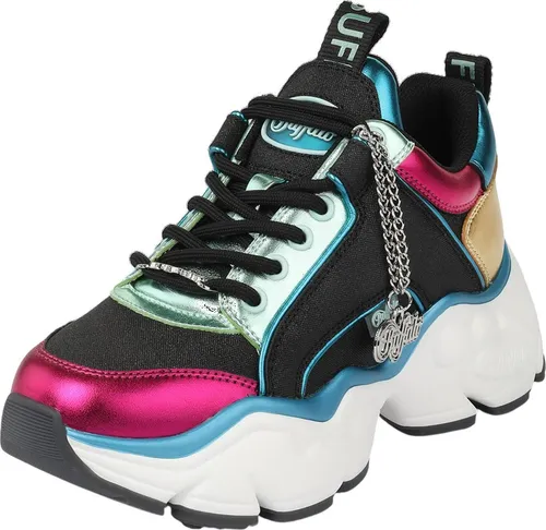 Buffalo Binary Glam L Pink Green Sneaker schwarz 38 EU - Modischer Sneaker in Schwarz mit 6 cm Absatz und 2 cm Plateau, aus hochwertigem Lederimitat. Ideal für stylische Outfits und bequem im Alltag.